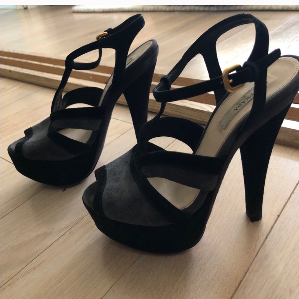 ISO!! PRADA BLACK AND GRAY SUEDE T STRAP PLATFORM